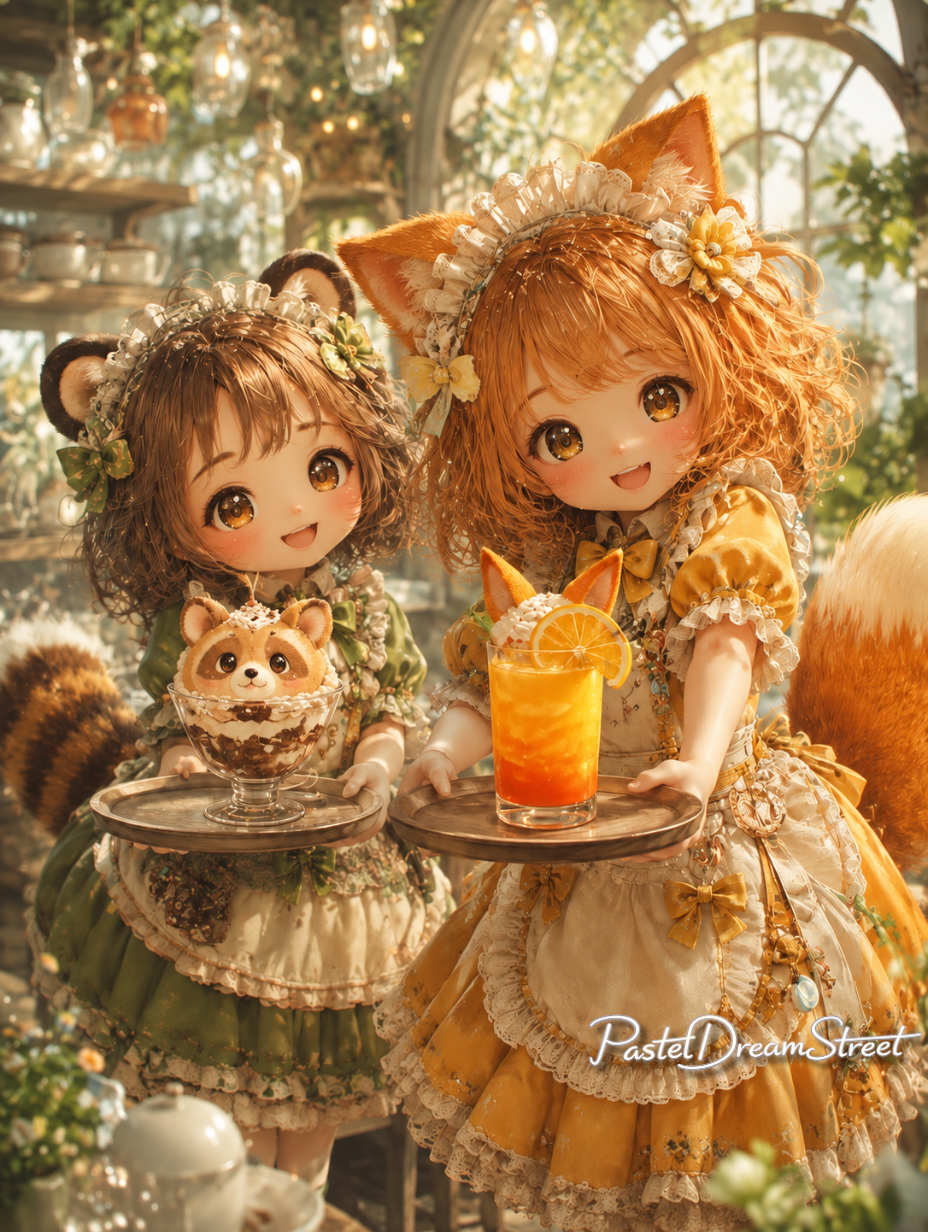 カフェで飲み物を運ぶ動物耳のふたり