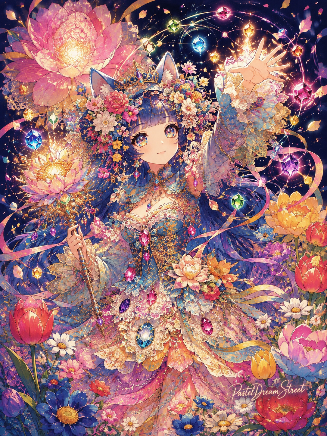 宝石と花に囲まれた青い髪の少女