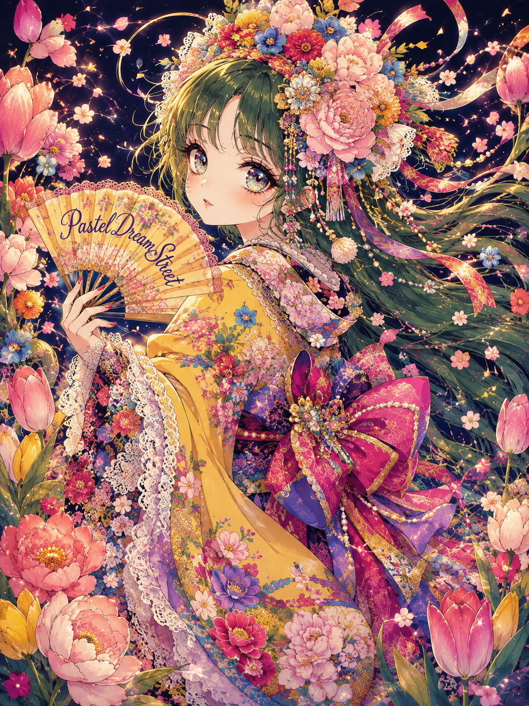 花柄の着物と扇を持つ少女