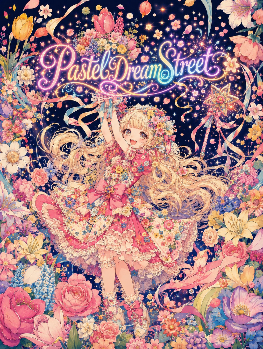 花の世界に立つPastelDreamStreetの少女