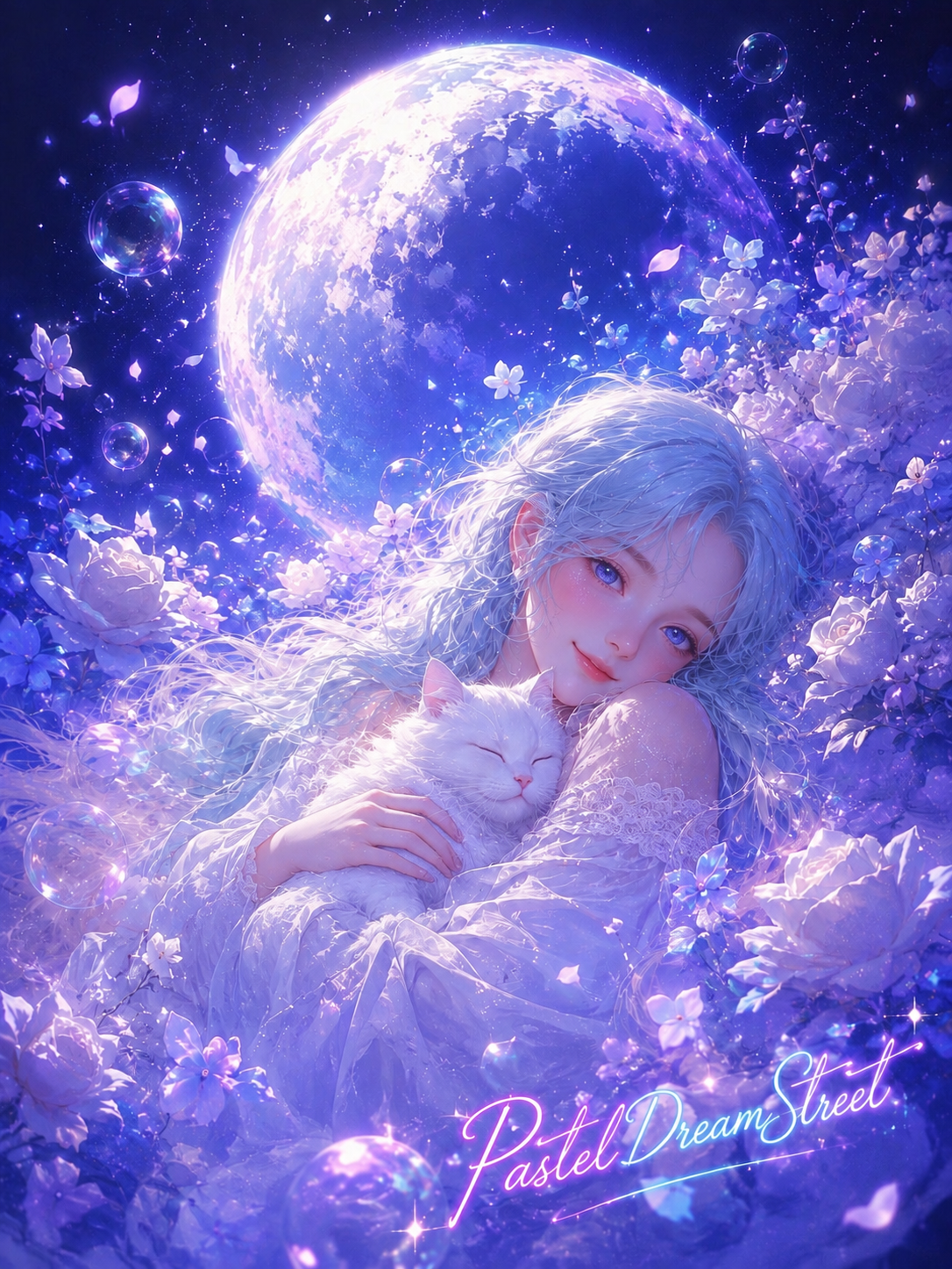 月夜に白猫を抱く少女