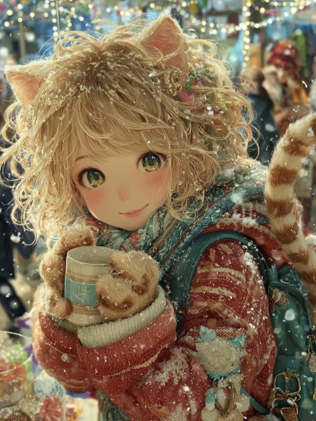 雪の街で飲み物を持つ猫耳の少女