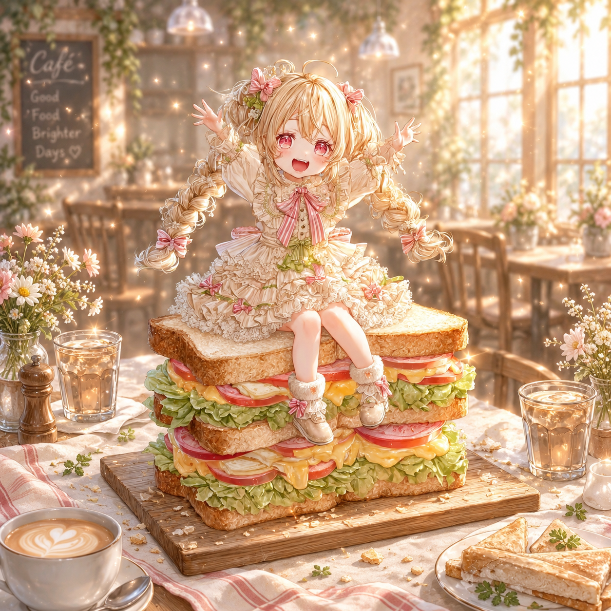 陽だまりのカフェでサンドイッチに座る女の子