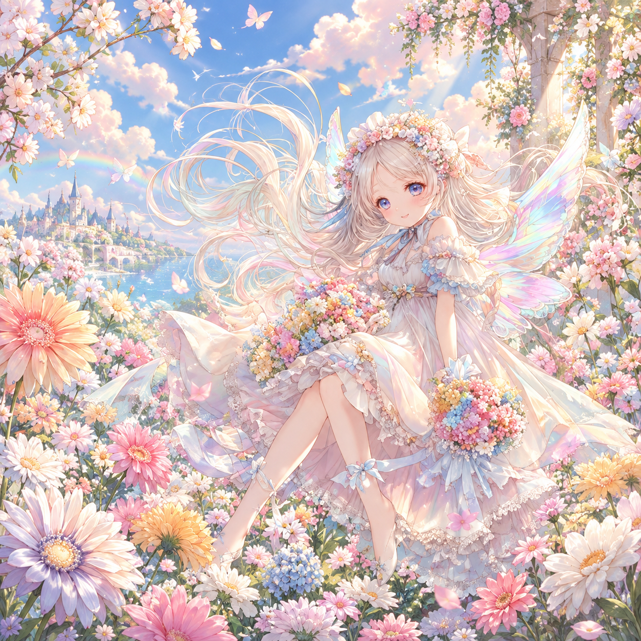 花々に囲まれた庭で花束を抱く妖精