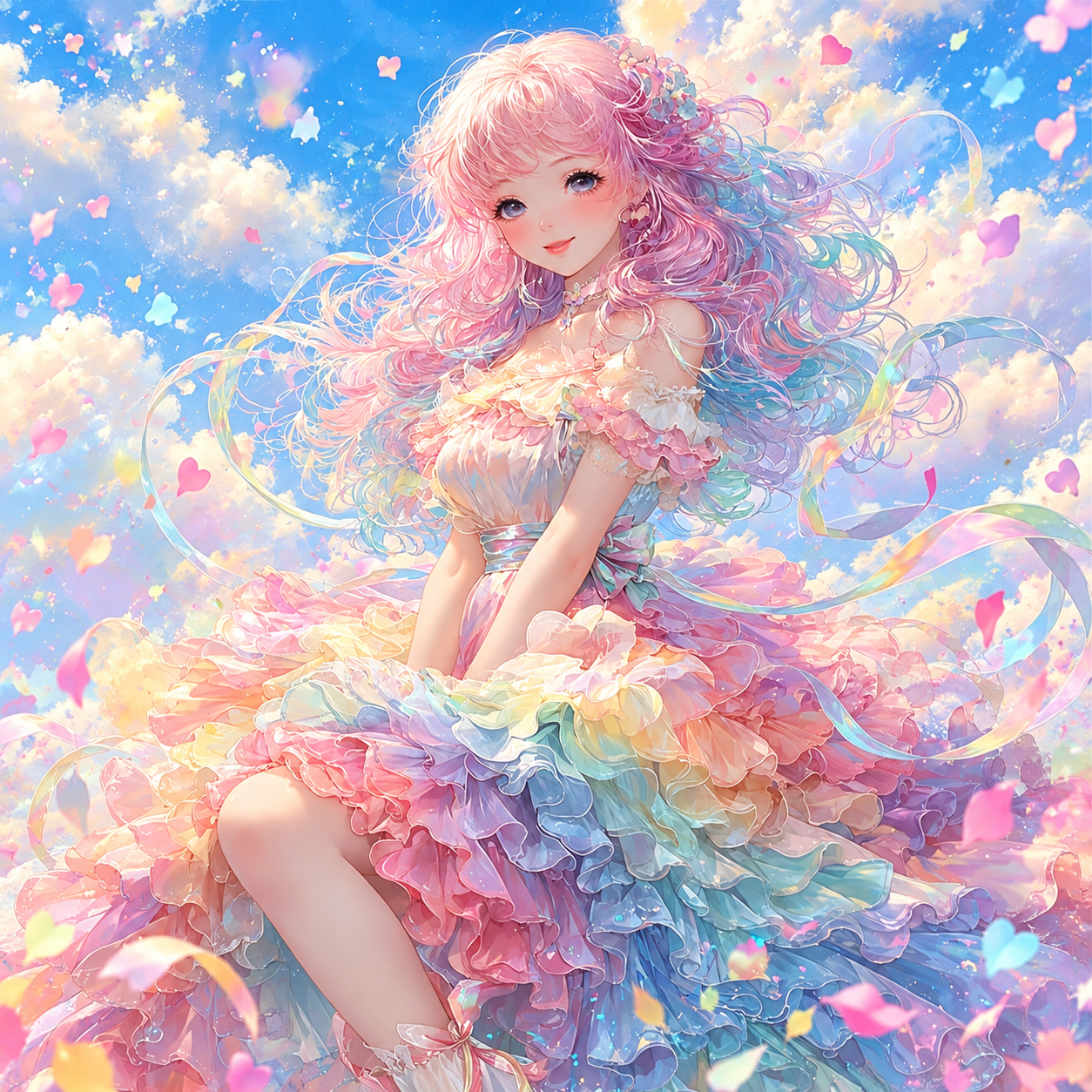 青空とハートに包まれた、虹色のドレスの少女