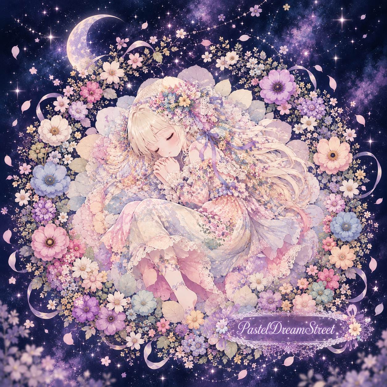 淡い花々に包まれて眠る少女